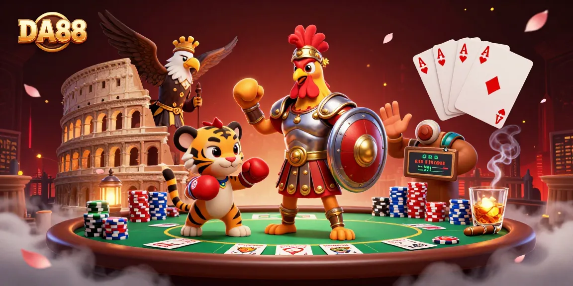 Engage in thrilling DA88 poker battles with a vibrant casino scene featuring exciting gameplay elements.