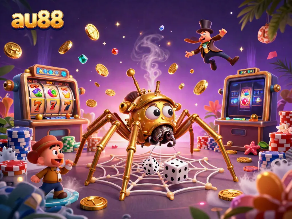 Engaging illustration of au88 depicting casino fun with a steampunk spider and lucky slot symbols
