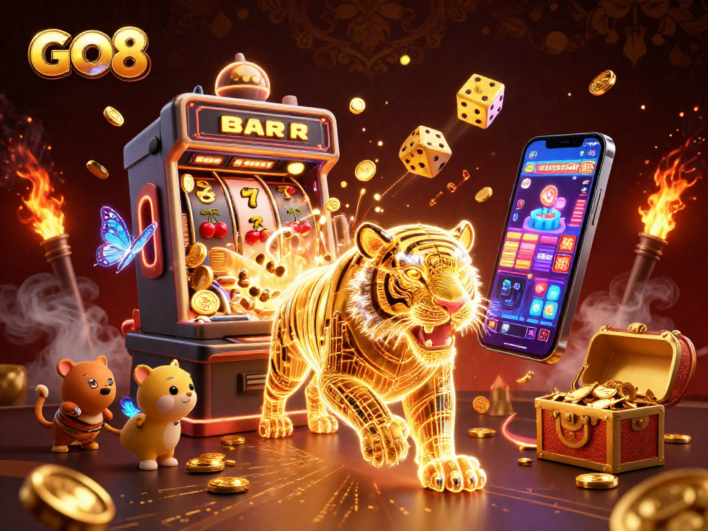 Engage in gaming excitement with GO8's dynamic casino scene featuring golden tiger and slot machines.