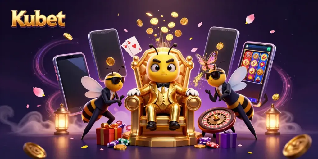 Kubet platform showcases a vibrant 3D scene featuring an animated mob boss and engaging casino elements.
