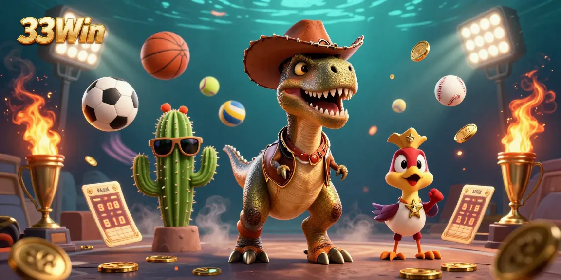 Engage with 33Win's vibrant casino world showcasing a cowboy dinosaur and friends amidst thrilling sporting elements.