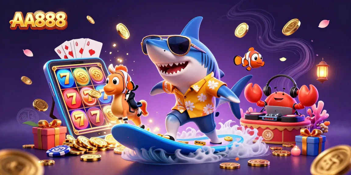 Experience the AA888 thrill with vibrant slot action and playful sea creatures in a dazzling underwater scene.