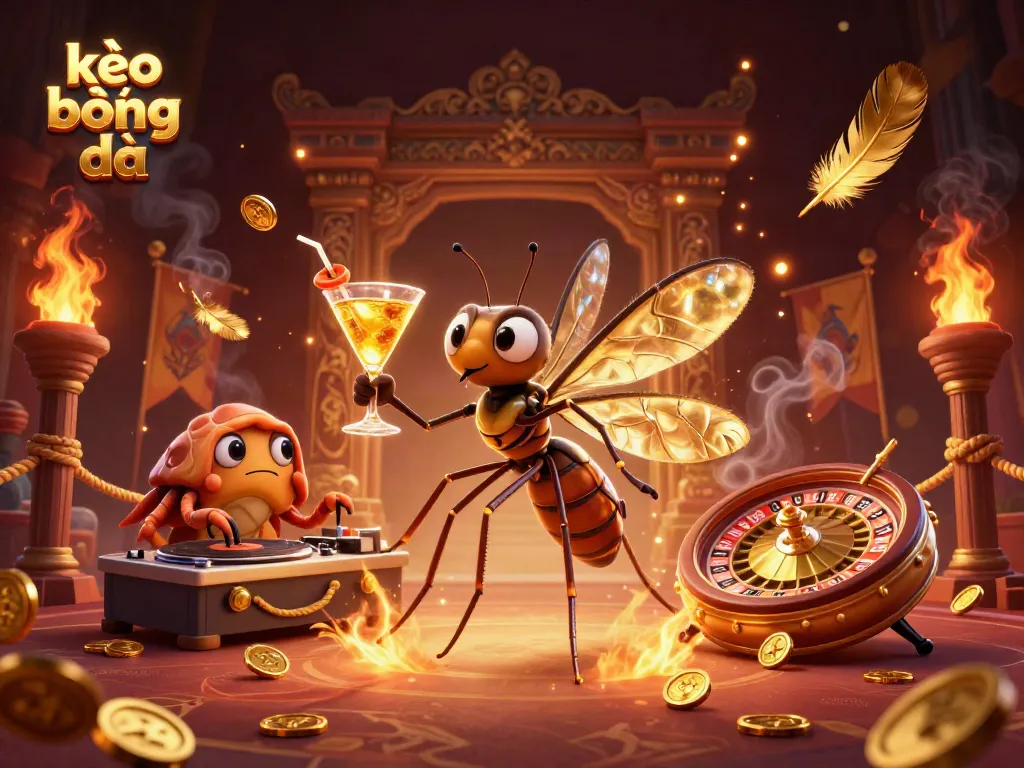 Engaging kèo bóng đá scene with a casino mascot and DJ creating a vibrant betting atmosphere.