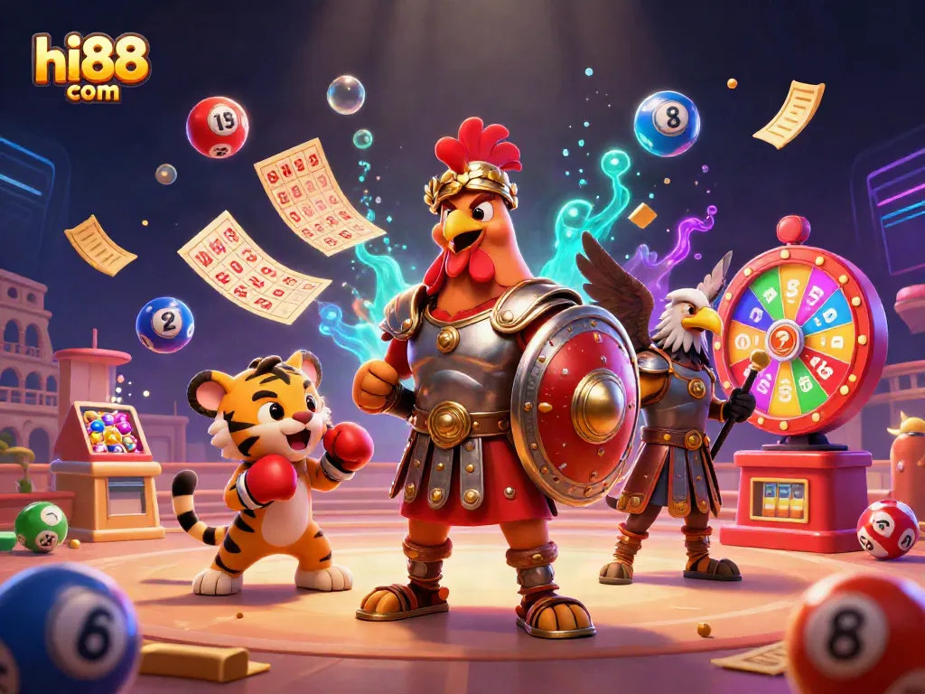 Engage with excitement at hi88 com, featuring a gladiator rooster and vibrant casino elements.