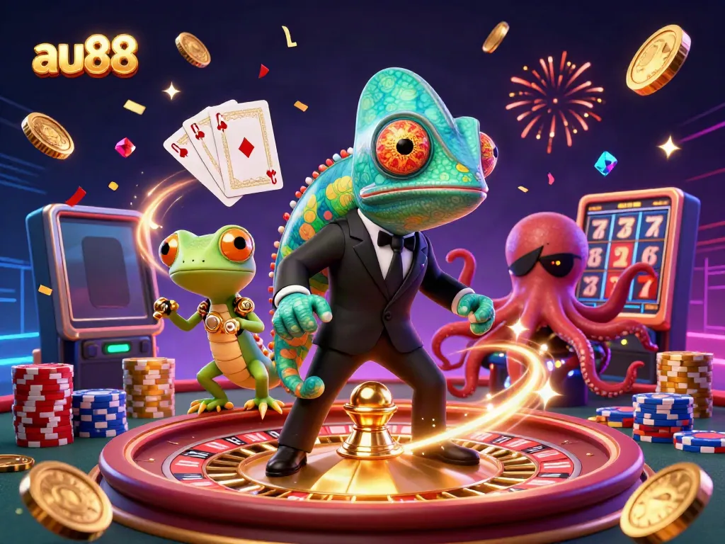 Engage in thrilling action at au88, featuring a stylish chameleon agent, a tech-savvy gecko, and a villainous octopus in a colorful casino.