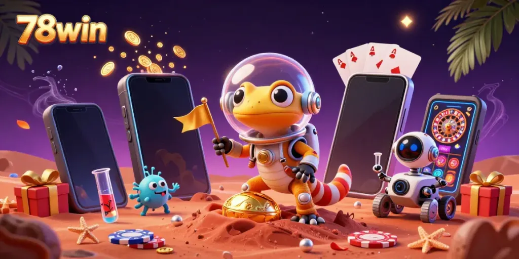 78win delivers excitement with a Martian gecko discovering a golden casino amidst alien elements
