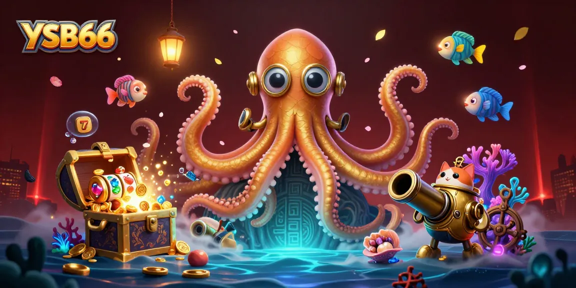 Experience YSB66 with a colossal kraken and a diving cat in an exciting casino adventure scene.