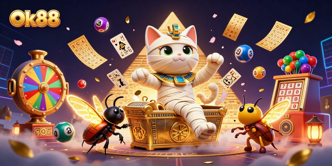 Engage with ok88's vibrant lottery-themed 3D illustration featuring an Egyptian mummy cat.