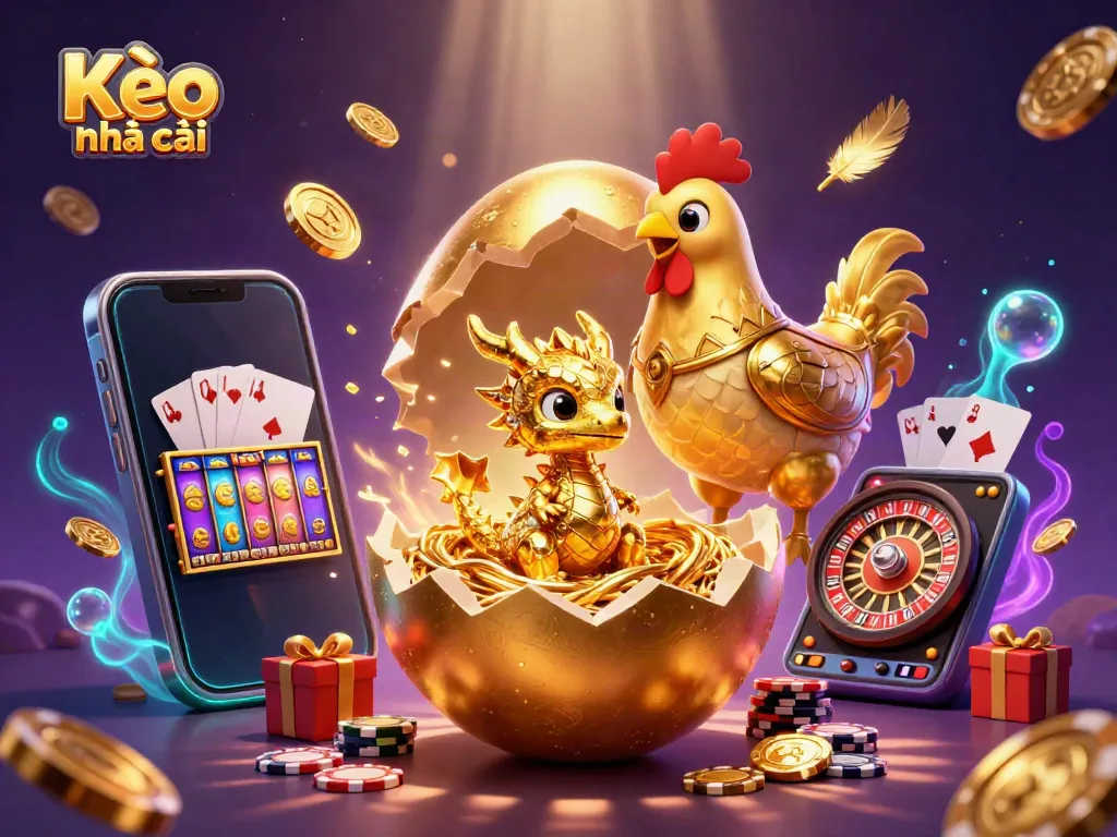 Engage with Kèo nhà cái as a golden dragon emerges from a poker chip nest amidst vibrant casino elements.