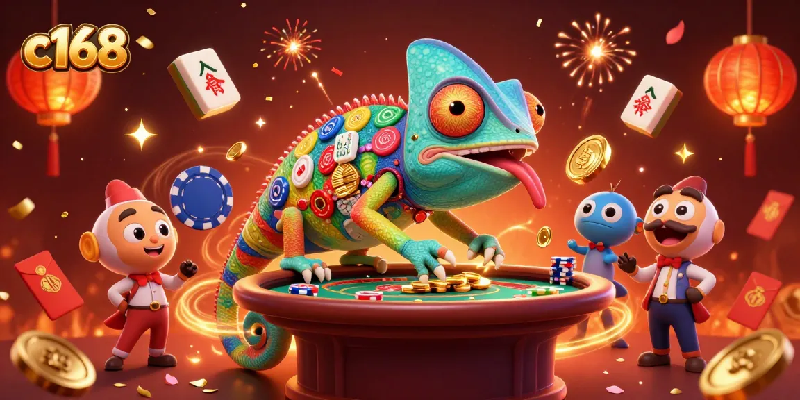 Engage in thrilling gameplay at c168 with a colorful chameleon casino owner amid festive elements.