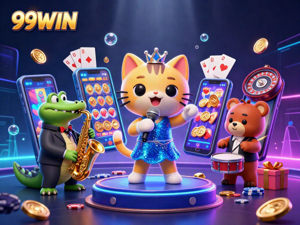 Experience gambling excitement with 99WIN, as vibrant characters fill a dynamic casino scene.