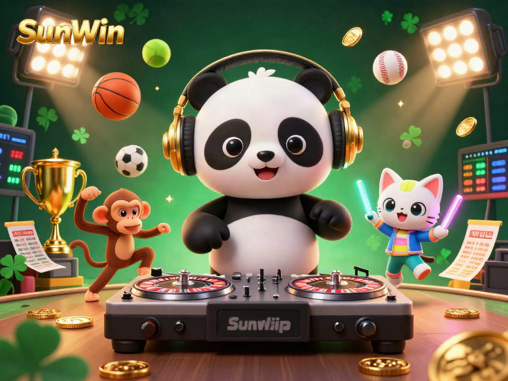 Experience the vibrant world of SunWin with a DJ panda spinning roulette wheels in an energetic casino scene.