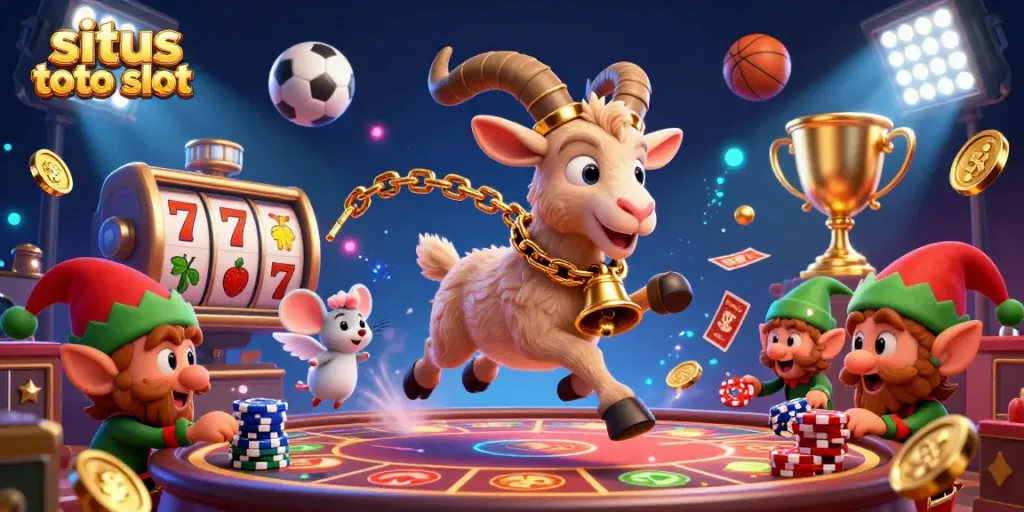 Situs toto slot showcases a 3D cartoon Krampus goat leading a festive casino scene filled with sports elements and mischief.