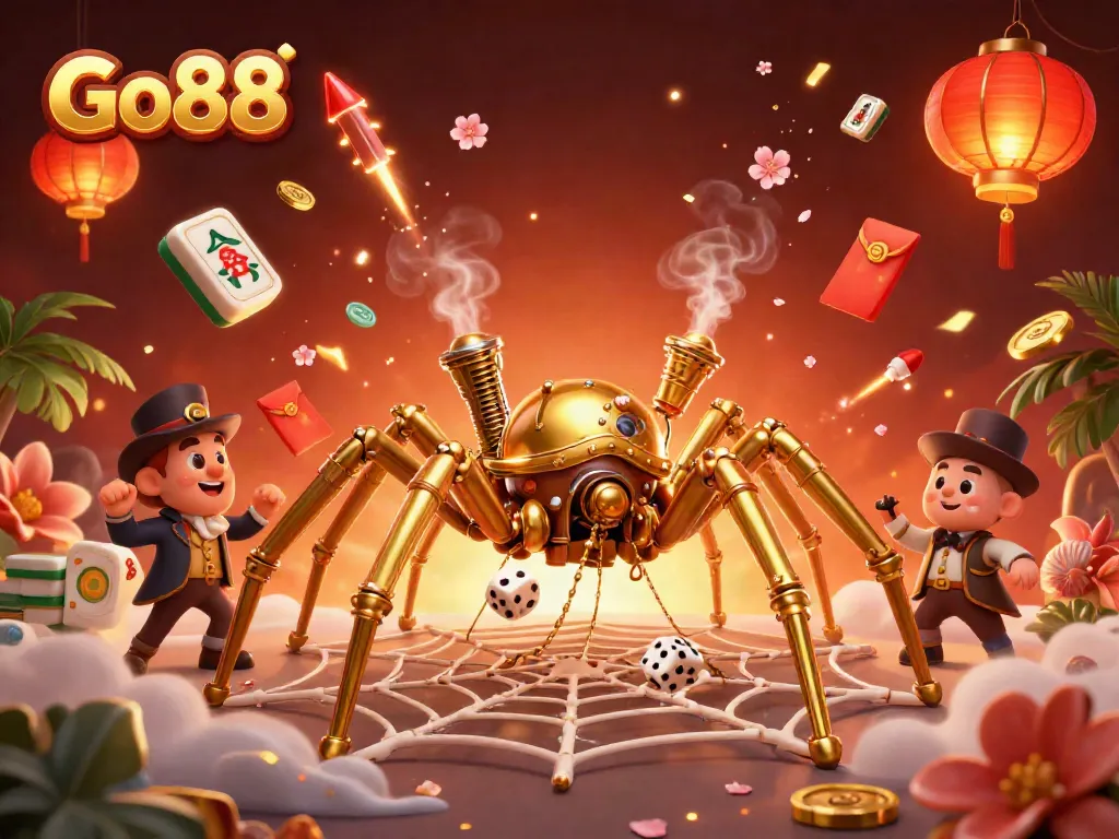 Experience thrilling gameplay at Go88 with a captivating steampunk spider scene full of vibrant gaming elements.