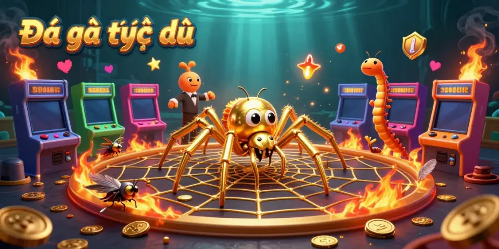 Engage in Đá gà trực tiếp with an action-packed scene featuring a spider croupier, bets, and a vibrant arena.