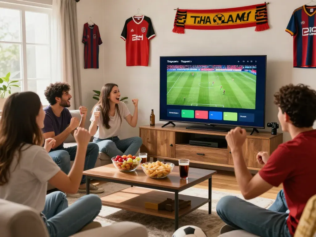 Friends enjoying a football match on Thapcamtv in a lively living room.