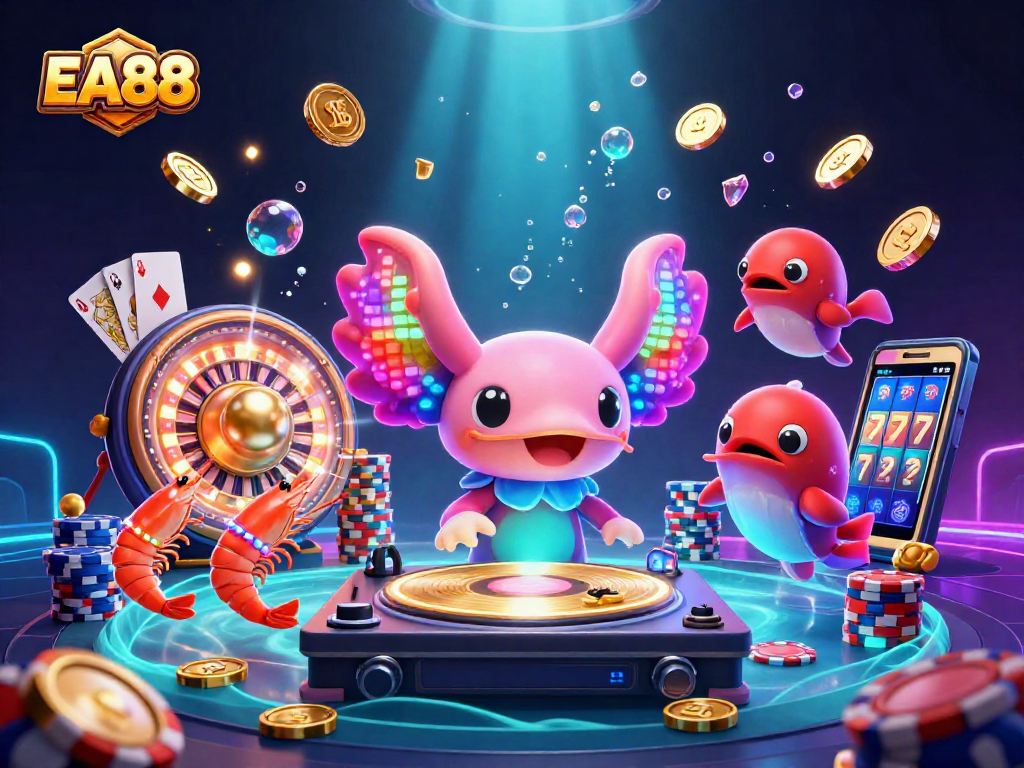 Immerse in EA88's vibrant casino experience, featuring a neon axolotl DJ and exciting gameplay elements.