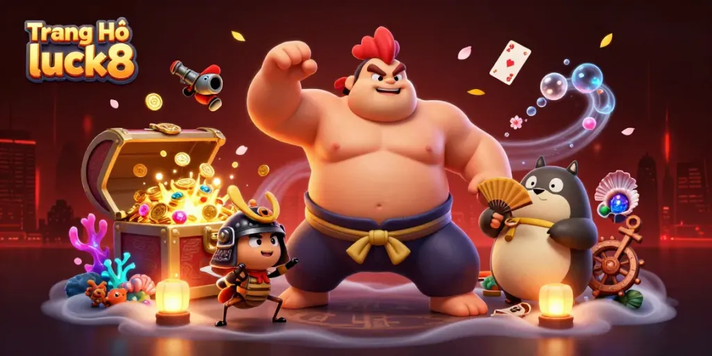 Experience the thrill of casino gaming with Trang Chủ luck8 in a dynamic 3D cartoon scene.