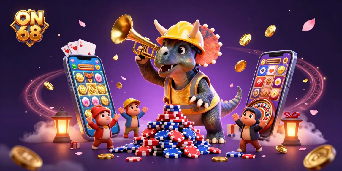 Experience the thrill of ON 68 with a vibrant 3D casino scene featuring colorful gaming elements and animated characters.
