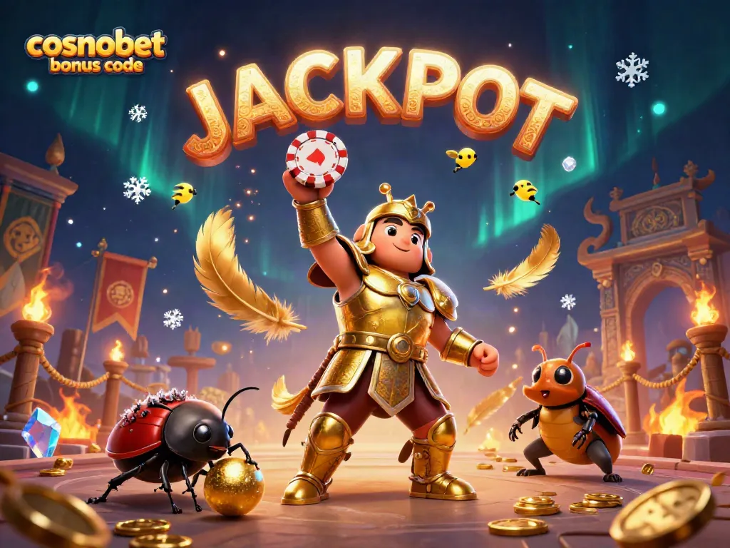 Win with cosmobet bonus code in a vibrant 3D scene showcasing a victorious beetle character.