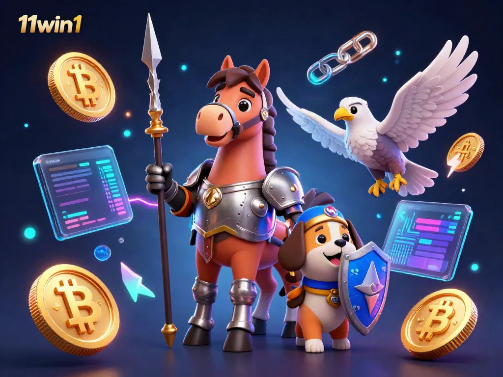 Experience the excitement of 11win1 with a dynamic 3D illustration featuring fantasy characters and cryptocurrencies for gamers.