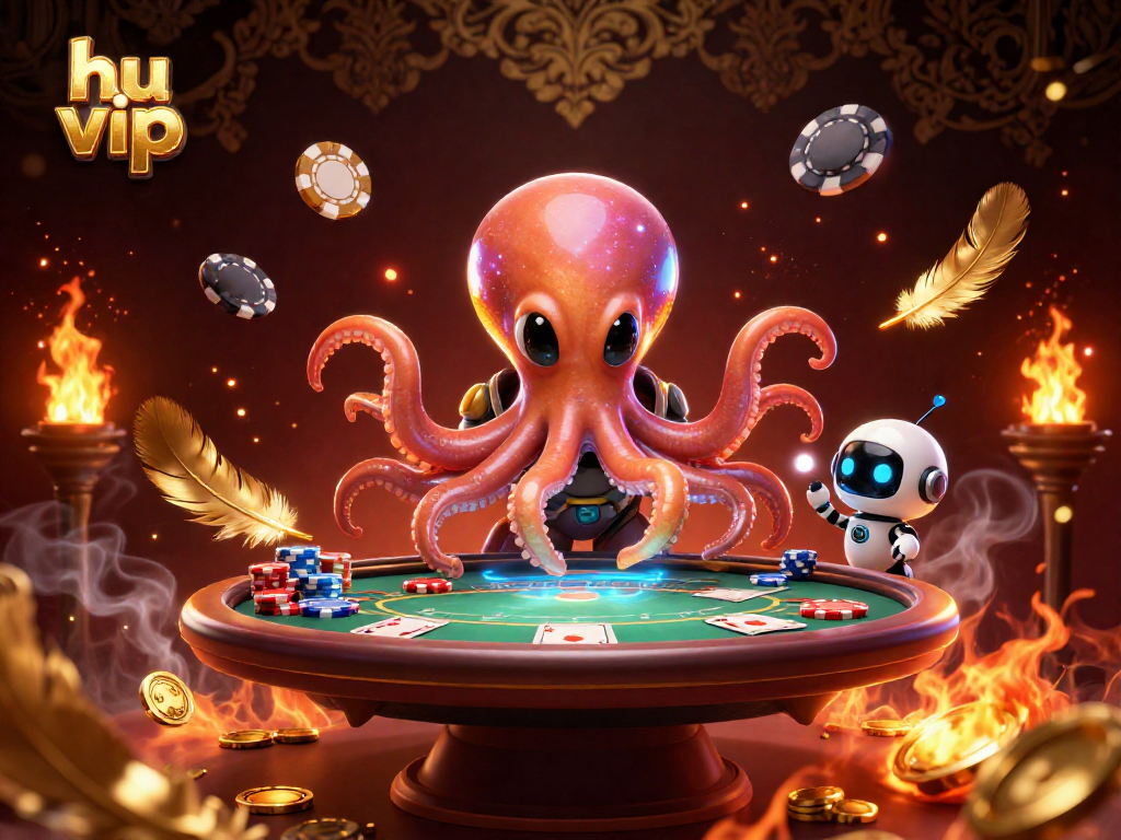Experience thrilling poker action at hu vip with a playful alien octopus and dynamic holographic elements.