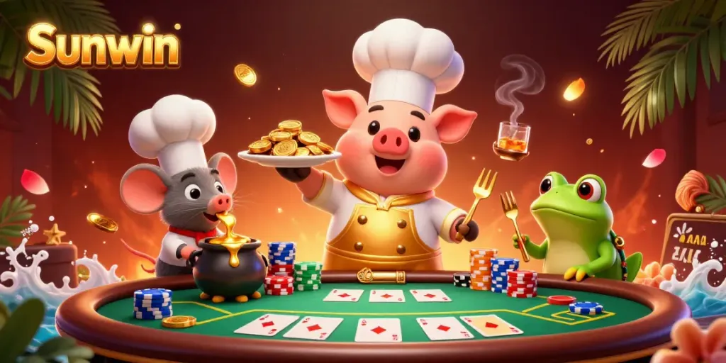 Sunwin high-stakes poker scene with a chef pig serving gold coins, colorful chips, and vibrant casino elements.