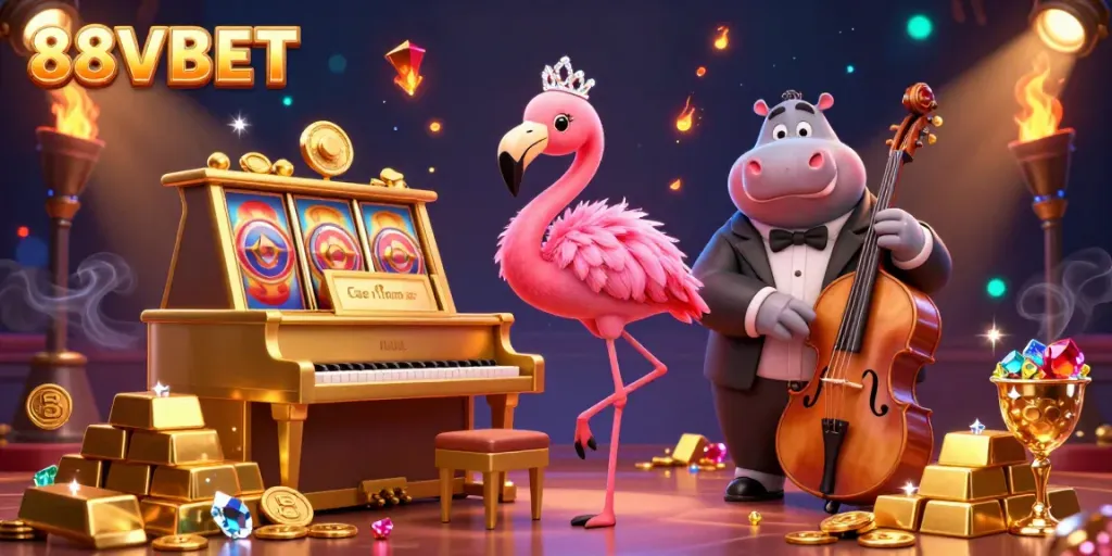 Win big at 88VBET with a vibrant scene featuring a flamingo singer and hippo bassist, dynamic casino elements.