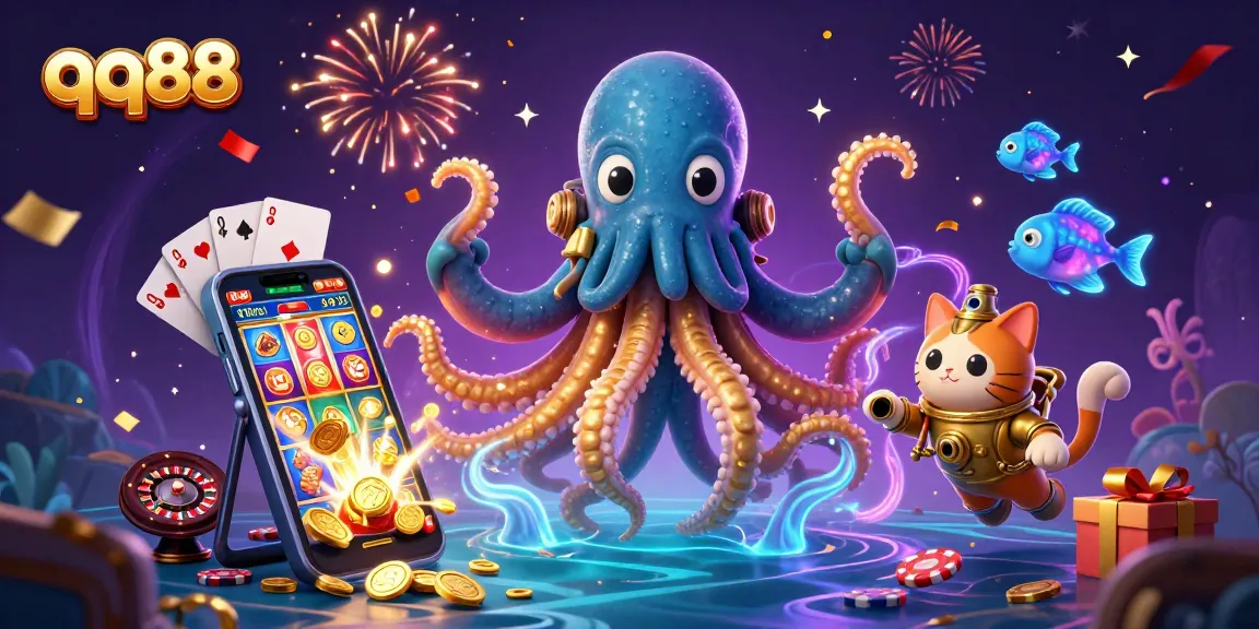 Experience thrilling games at qq88 with a colossal kraken and cat diving into action!