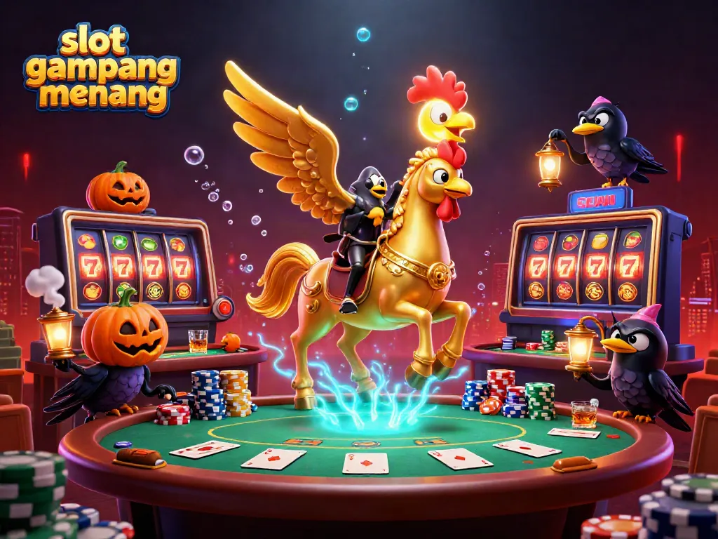 Experience the thrill of 'slot gampang menang' with a golden rooster and vibrant casino scene.