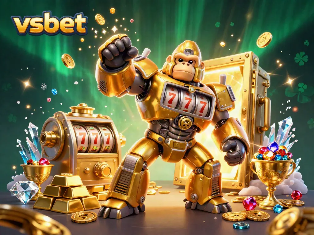 Engage with vsbet as a golden gorilla mech celebrates jackpot wins in an explosive casino scene.