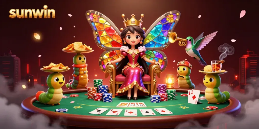 Experience the vibrant sunwin casino scene with a butterfly queen amid dynamic card game elements.
