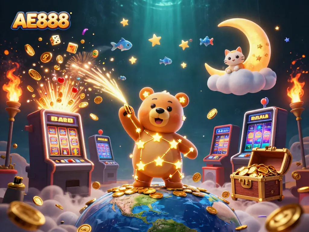 Spin the reels at AE888 Casino with vibrant cartoon characters and thrilling game elements.
