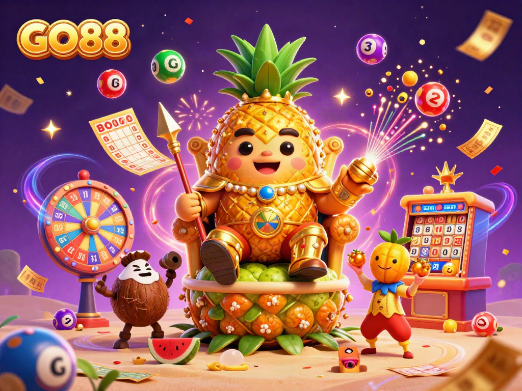 Experience the thrill of GO88 with vibrant casino characters and dynamic lottery elements.