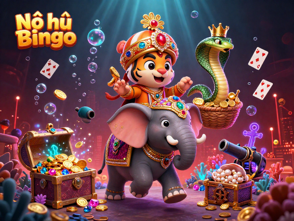 Nổ hũ super bingo game scene exploding with treasures, featuring a maharaja tiger and an elephant amid vibrant decorations.
