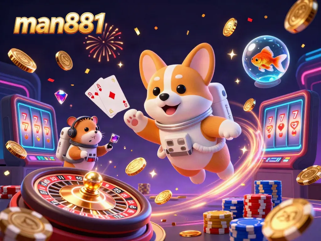 Experience thrilling casino fun with man881 in a vibrant 3D scene featuring a space-themed floating casino.