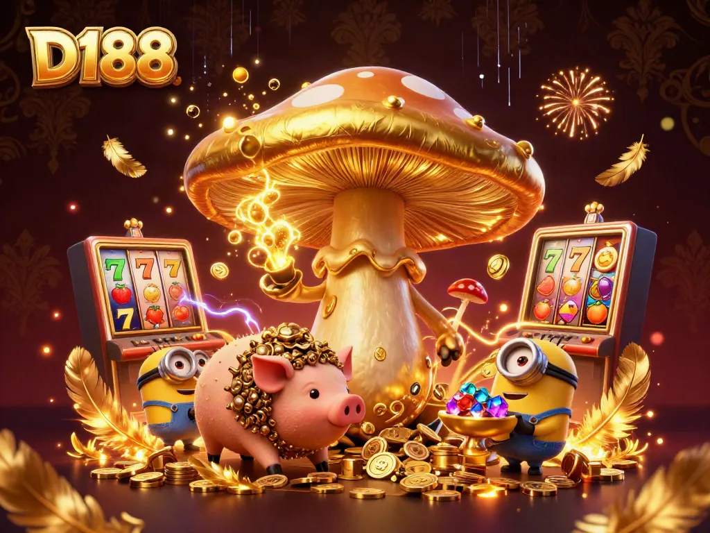 D188 elevates your slot game strategy with a wizard and treasure-seeking characters in a vivid casino scene.