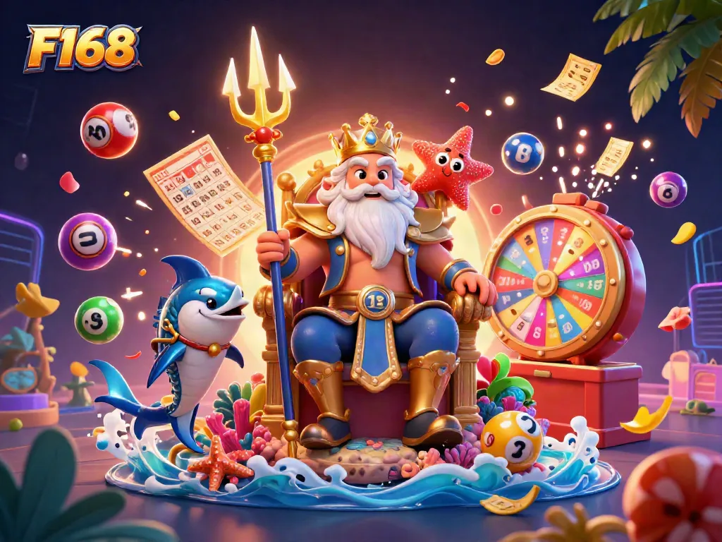 Play F168 at the vibrant online casino featured in a dynamic gaming scene with colorful elements.