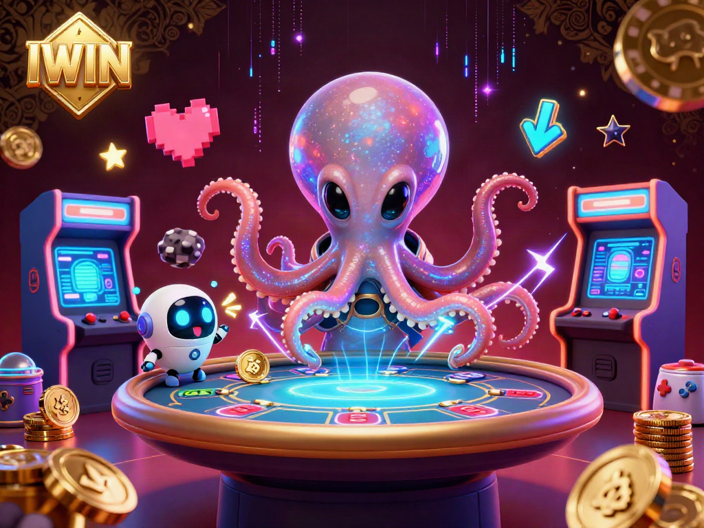 IWIN highlights slots strategy at a 3D table with an alien octopus ensuring immersive gaming excitement.