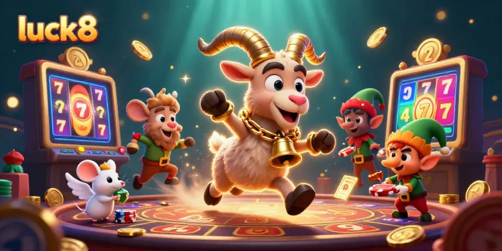 Experience excitement at luck8 with lively casino characters navigating slot machines and vibrant gaming elements.