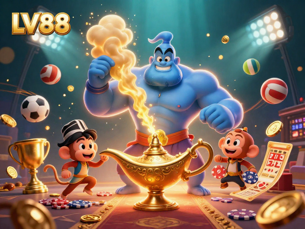 Experience thrilling gaming at LV88 with energetic characters and vibrant casino elements.