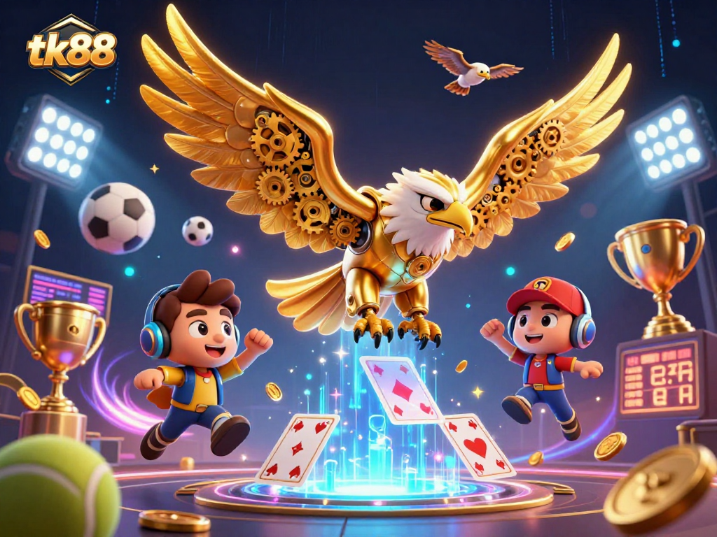 tk88 showcases a vibrant 3D illustration of a golden eagle among dynamic sports-themed elements.
