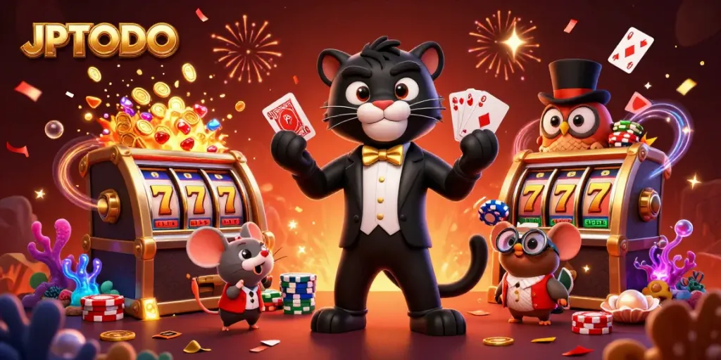 Experience thrilling gameplay with JPTOTO as a stylish panther deals cards in a dazzling casino scene.