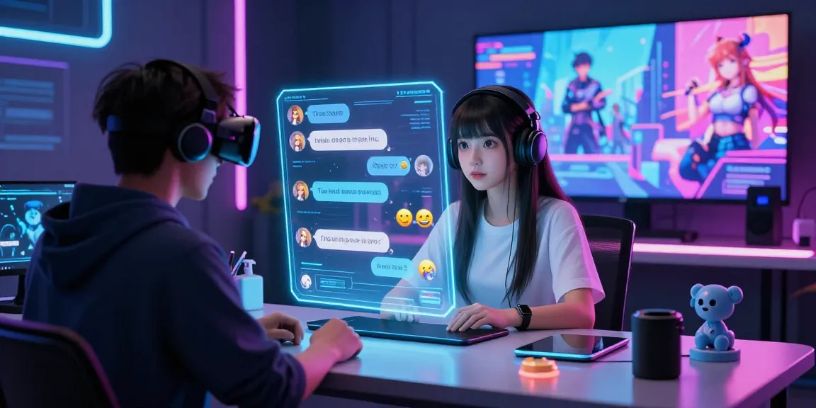 AI chat hentai interaction with an anime waifu character in a vibrant digital environment filled with emojis and futuristic elements.