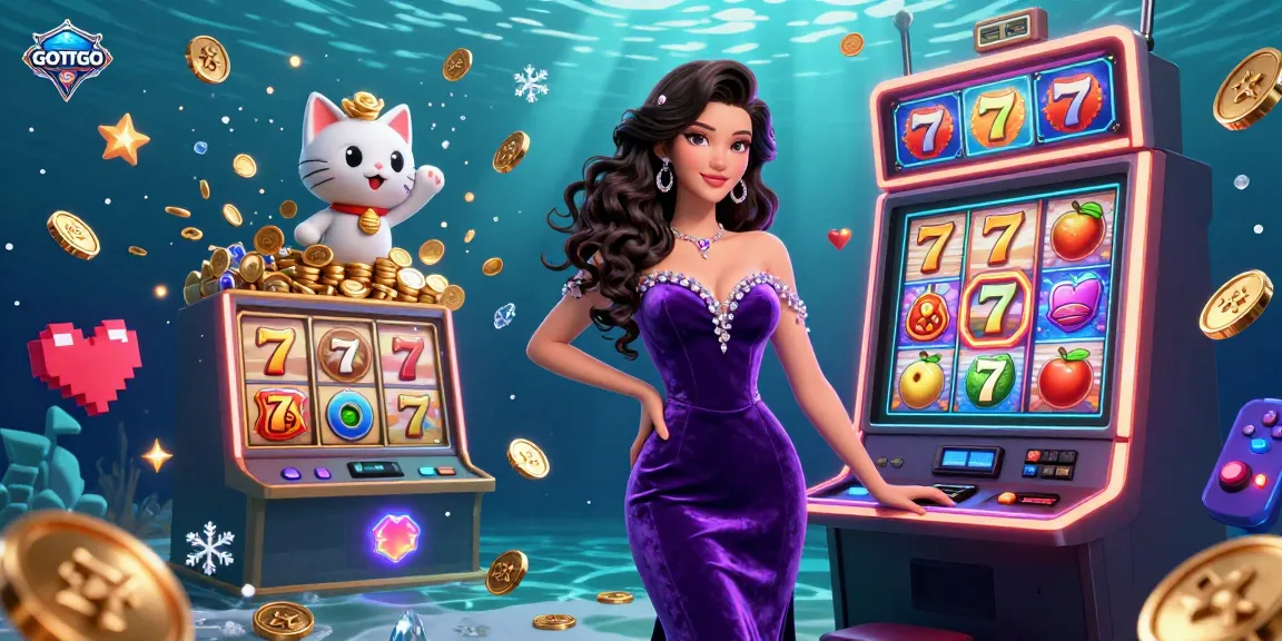 Rayakan kemenangan di GOTOTO dengan pemandangan jackpot yang menakjubkan menampilkan wanita glamor dan kucing keberuntungan.