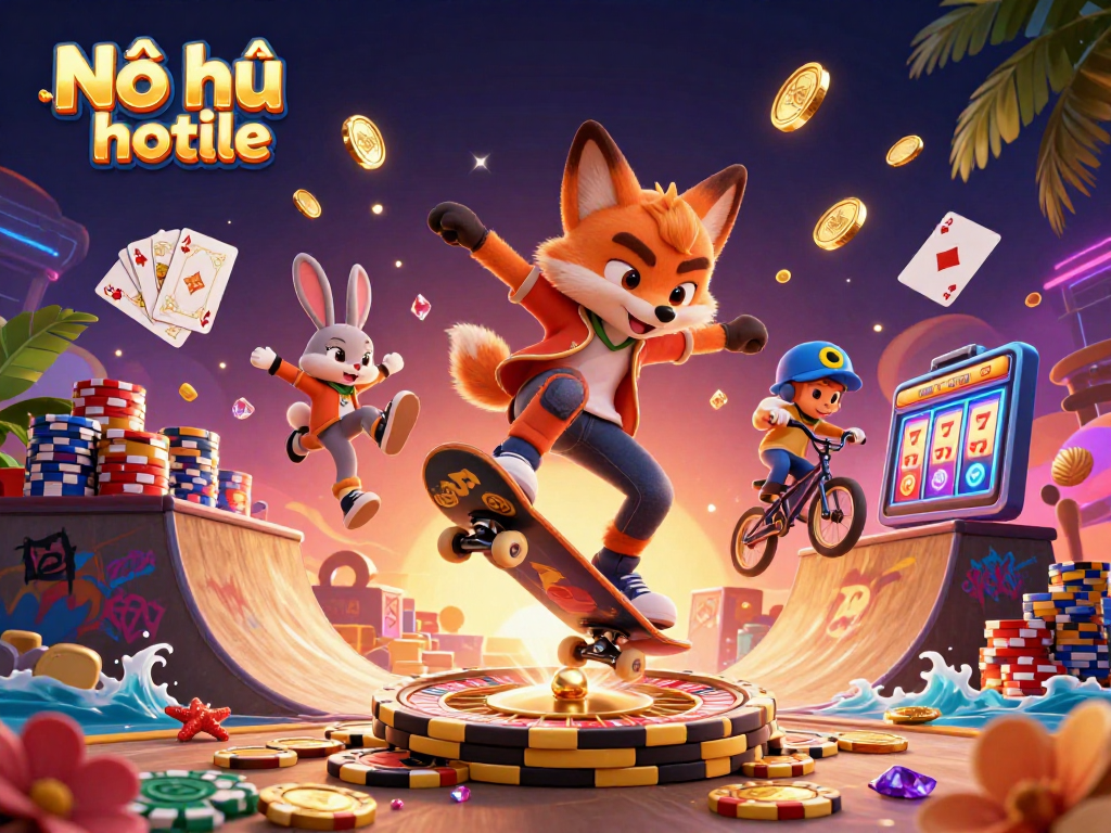 Experience excitement with Nổ hũ hotline as a skateboarder fox and BMX rabbit celebrate casino thrills.
