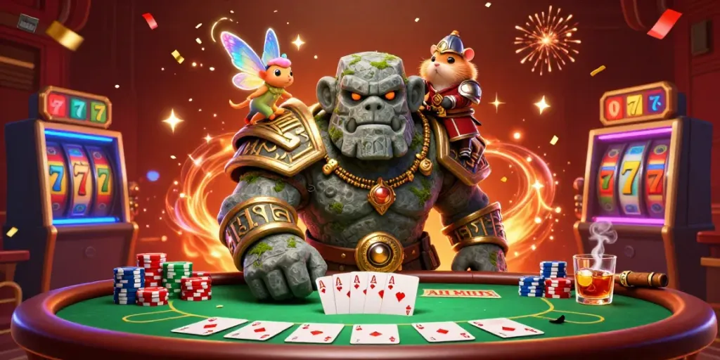 Experience the magical world of nohu with a golem guardian and fairy companion engaging in dynamic casino action.