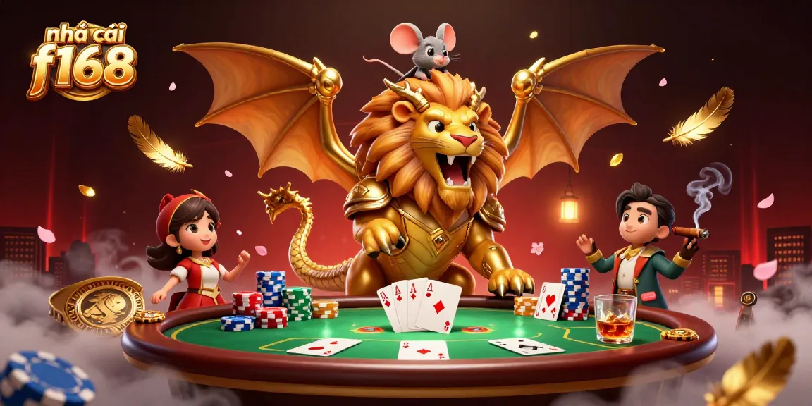 Experience the excitement of nhà cái f168 through a dynamic 3D illustration featuring a roaring chimera with gaming elements.