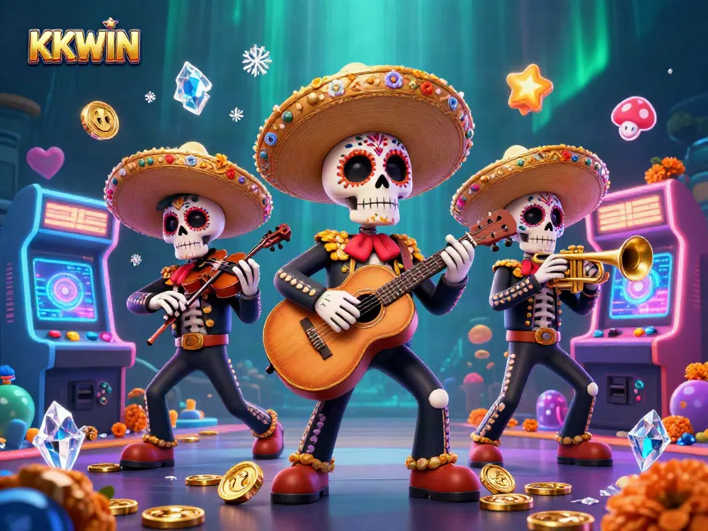 Engage with KKWIN’s vibrant casino scene featuring a mariachi band and dynamic gaming elements.