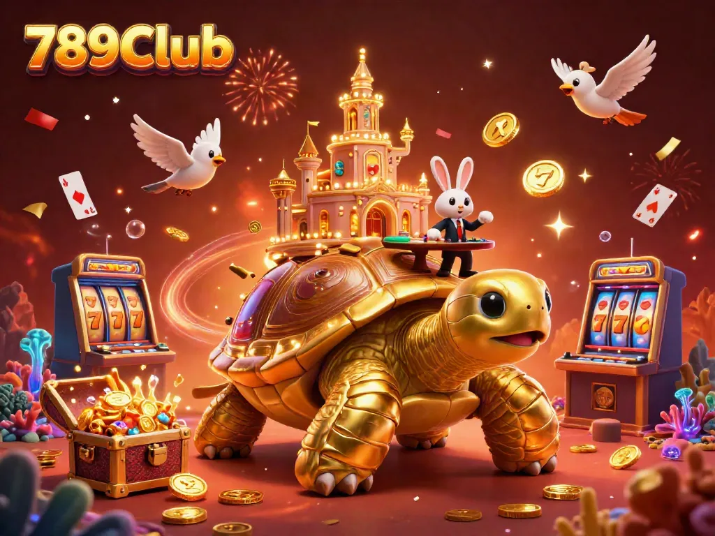 Experience the vibrant energy of 789Club with a golden tortoise casino scene and festive characters!